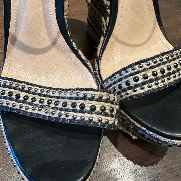Schutz Black and Natural Espadrille Wedge Sandals with Stud Accents - Picture 6 of 11